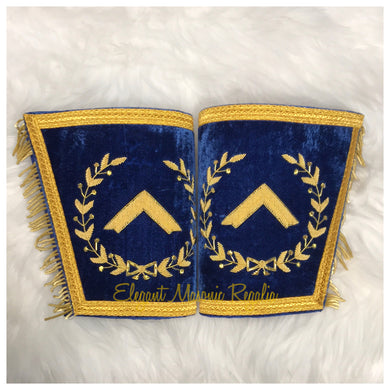 Blue House Worshipful Master Masonic (Event) Cuffs. Blue Velvet. Gold bullion and braided edges and fringe. Embroidered masonic symbol. Design outlined in 100% Swarovski Crystals.