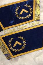 Load image into Gallery viewer, Blue House Worshipful Master Masonic (Event) Cuffs. Blue Velvet. Gold embroidered masonic symbol. Gold braided fringe trims the cuffs shown open. Design outlined in 100% Swarovski Crystals.
