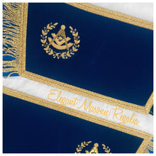 Load image into Gallery viewer, Blue Past Master Cuffs. Blue velvet. Gold embroidered masonic symbol. Gold braided fringe trims the cuffs shown open.
