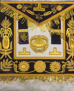 Deputy Grand Master (Event) Masonic Apron. Purple velvet. Gold bullion and braided edges and fringe. Embroidered masonic symbol. Design outlined in 100% Swarovski Crystals.