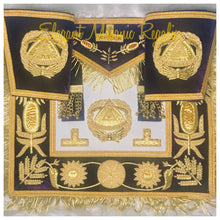 Load image into Gallery viewer, Deputy Grand Master Masonic Apron. Purple velvet, bullion, gold embroidered masonic symbol, gold braided edges and fringe. Golden tassels. Matching Cuffs
