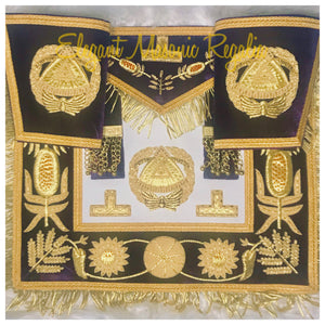Deputy Grand Master Masonic Apron. Purple velvet, bullion, gold embroidered masonic symbol, gold braided edges and fringe. Golden tassels. Matching Cuffs