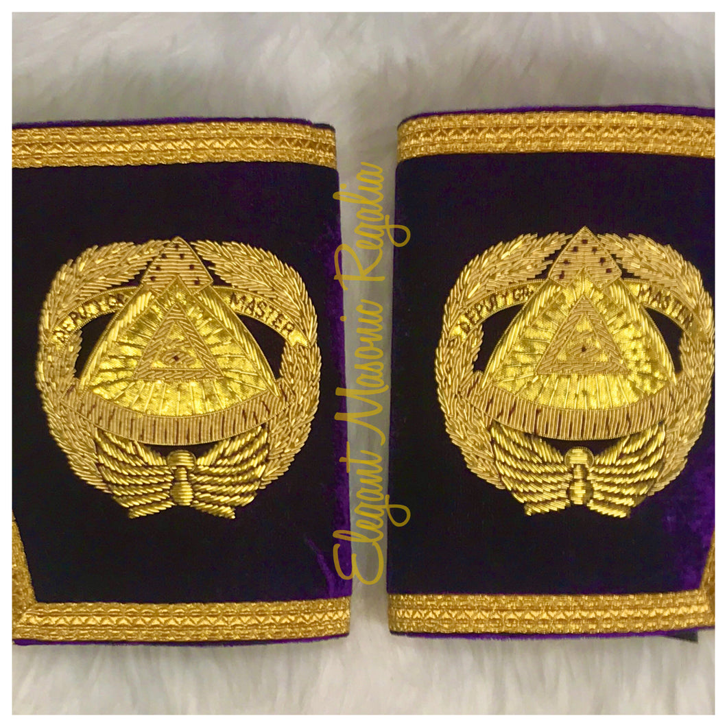 Deputy Grand Master Cuffs. Purple velvet. Gold bullion and braided edges and fringe. Embroidered masonic symbol. 100% Quality Guaranteed.