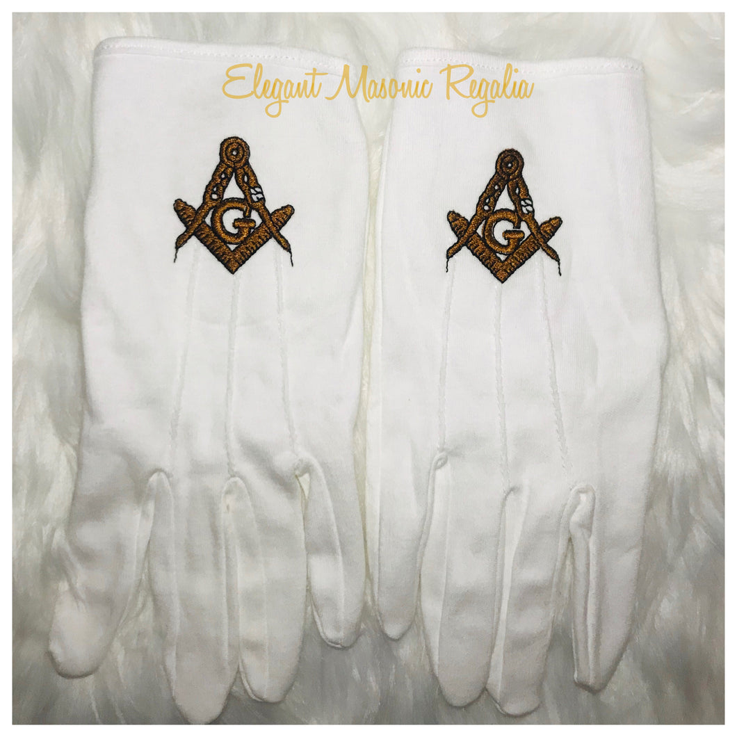 Freemason Square Compass & G Gold Embroidered Gloves