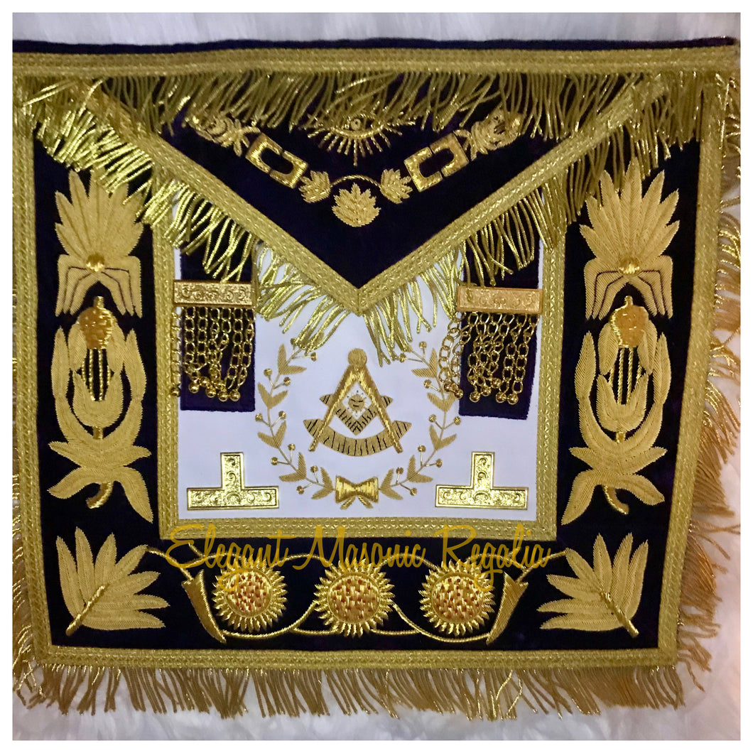 Grand Lodge Past Master Masonic Apron (Purple and Gold masonic embroidered symbol). Gold braid and fringe around the apron.
