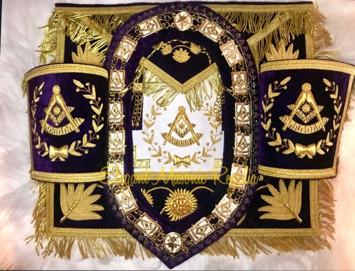 Grand Lodge Past Master Masonic Apron Set that includeds a matching Collar and Cuffs.