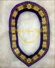 Load image into Gallery viewer, Grand Lodge Past Master Masonic Collar (purple velvet and gold masonic emblems).

