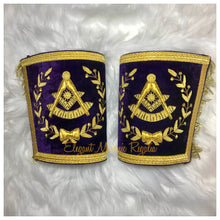 Load image into Gallery viewer, Grand Lodge Past Master Masonic Cuffs (purple and gold embroided masonic symbol).

