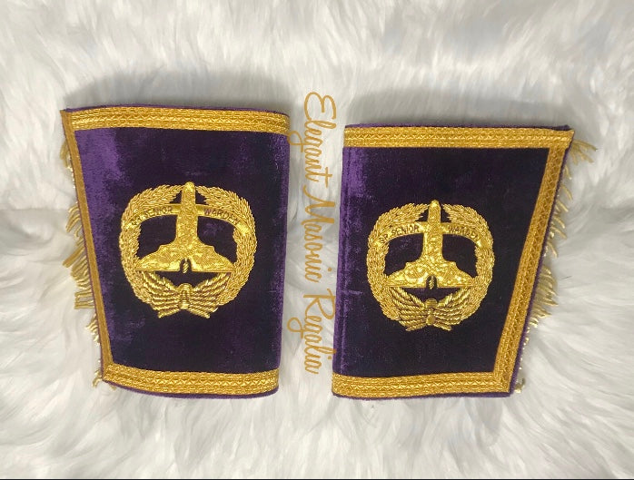 Grand Senior Warden Masonic Cuffs. Purple velvet. Gold bullion and braided edges and fringe. Embroidered masonic symbol. 100% Quality Guaranteed.