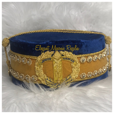 Junior Warden Crown (Blue House). Embroidered masonic symbol. Blue velvet. Rhinestones around circumference of the cap.