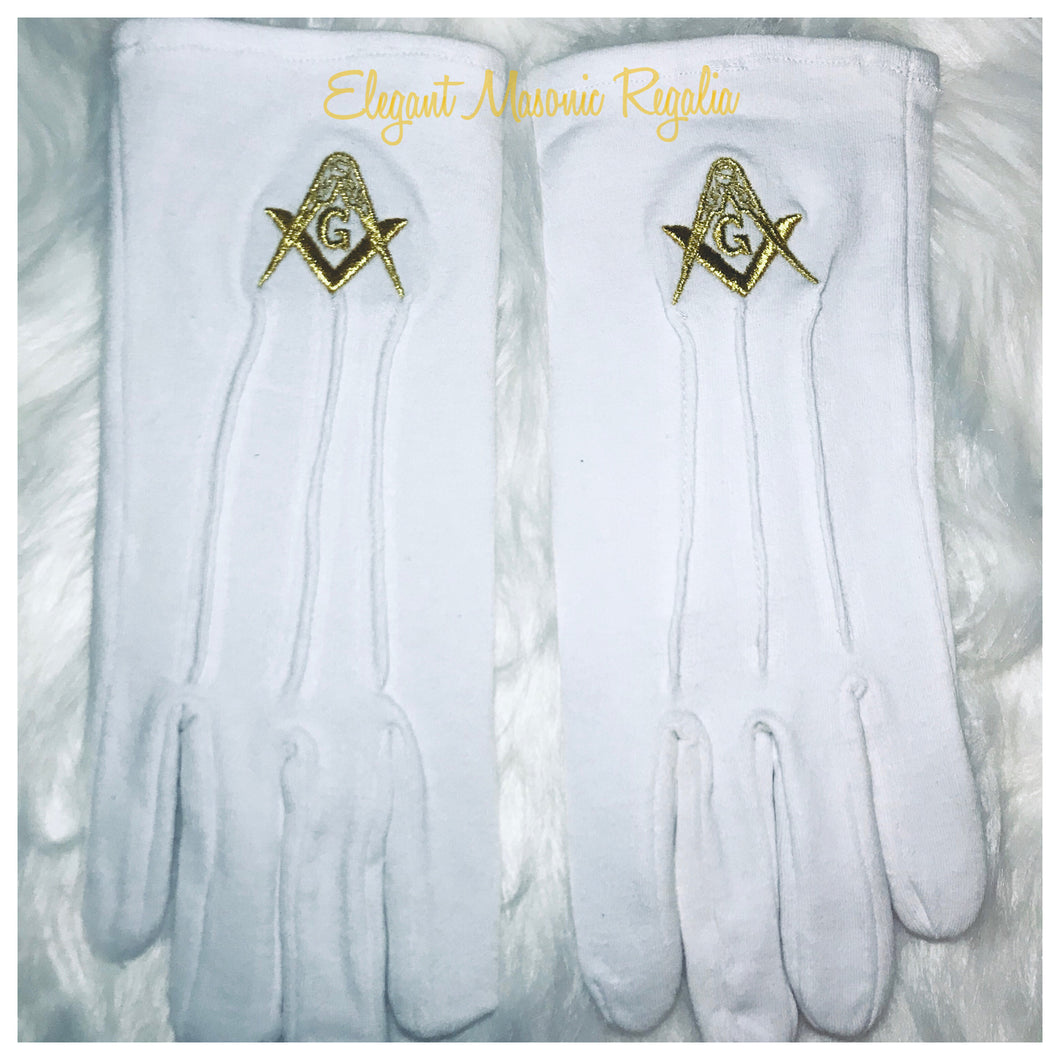 Masonic Square Compass & G Embroidered Gloves