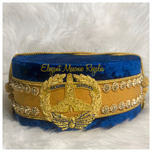 Load image into Gallery viewer, Senior Warden Masonic Crown. Embroidered masonic symbol. Blue velvet. Rhinestones around circumference of the cap.
