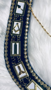 Close up view of the Working Tools Masonic Collar gold plated masonic jewels