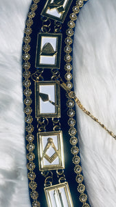 Close up view of the Working Tools Masonic Collar gold plated masonic jewels